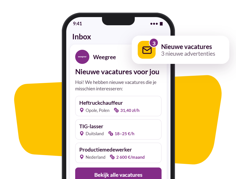 Telefoon met een e-mail van Weegree met nieuwe vacatures
